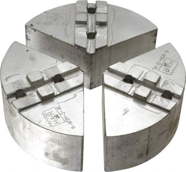 H & R Manufacturing - 6" Chuck Capacity, Tongue & Groove Attachment, Round Soft Lathe Chuck Jaw - 3 Jaws, Aluminum, 1-1/2" Btw Mount Hole Ctrs, 3" Long x 6" Wide x 2" High, 5/16" Groove - Apex Tool & Supply