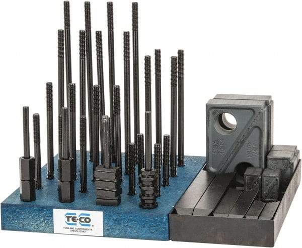 TE-CO - 50 Piece Fixturing Step Block & Clamp Set with 1" Step Block, 3/8" T-Slot, 5/16-18 Stud Thread - 5/8" Nut Width, 3, 4, 5, 6, 7 & 8" Stud Lengths - Apex Tool & Supply