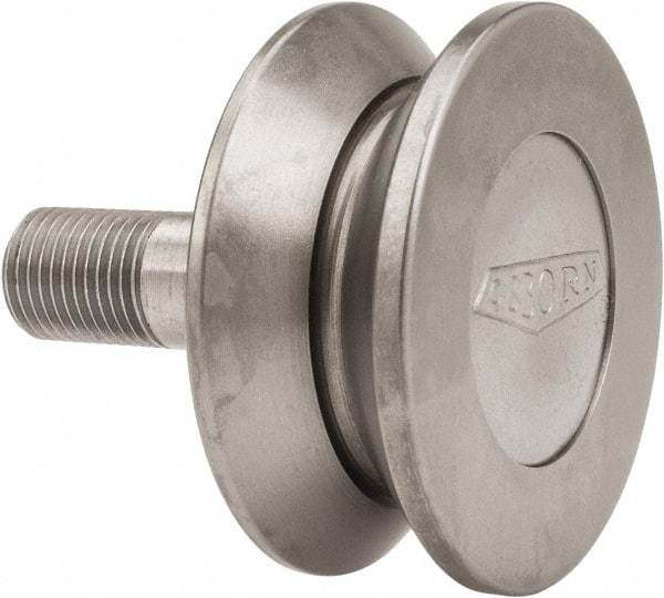 Osborn International - 2" Roller Diam x 27/32" Width, 1/2" Stud Diam x 1-1/4" Length, V Grooved Concentric Stud - Steel, 5/8" Thread Length, 1/2-20 Thread, 2-3/32" OAL, 600 Lb Dynamic Cap - Apex Tool & Supply