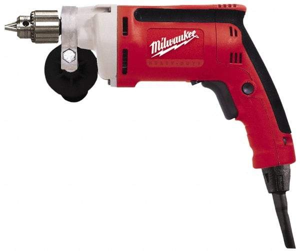 Milwaukee Tool - 1/4" Keyed Chuck, 2,500 RPM, Pistol Grip Handle Electric Drill - 7 Amps, 120 Volts, Reversible, Includes Chuck Key with Holder & Side Handle - Apex Tool & Supply