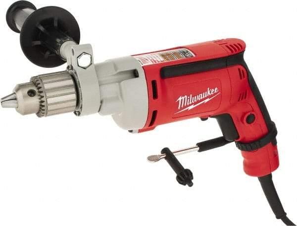 Milwaukee Tool - 1/2" Keyed Chuck, 850 RPM, Pistol Grip Handle Electric Drill - 8 Amps, 120 Volts, Non-Reversible, Includes 1/2" Magnum Drill, Chuck Key with Holder, Side Handle - Apex Tool & Supply