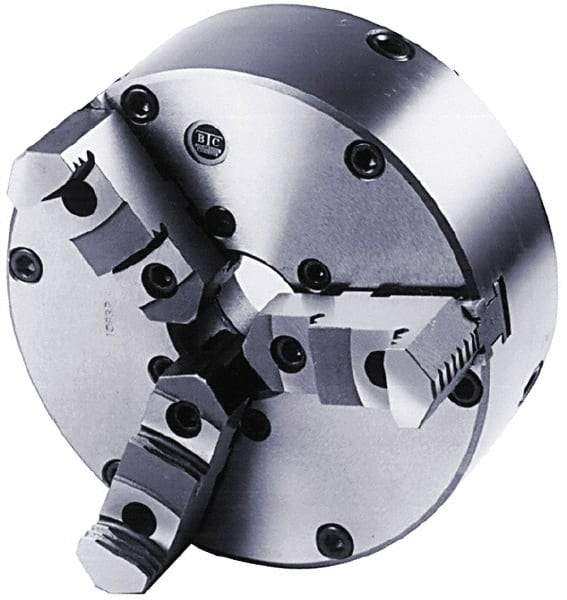 BTC - 3 Jaws, 8" Diam, Self Centering Manual Lathe Chuck - Plain Back Mount Spindle, Adjustable, Reversible, 3,100 Max RPM, 2.264" Through Hole Diam, Cast Iron - Apex Tool & Supply