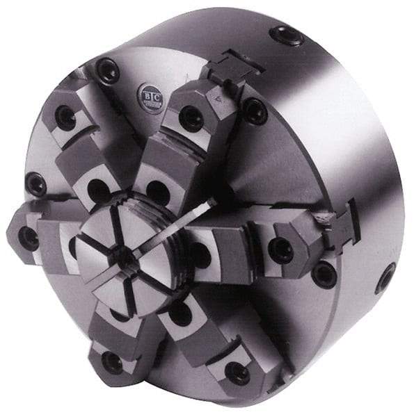 BTC - 6 Jaws, 8" Diam, Self Centering Manual Lathe Chuck - Plain Back Mount Spindle, Adjustable, Reversible, 2,200 Max RPM, 2.264" Through Hole Diam, Cast Iron - Apex Tool & Supply