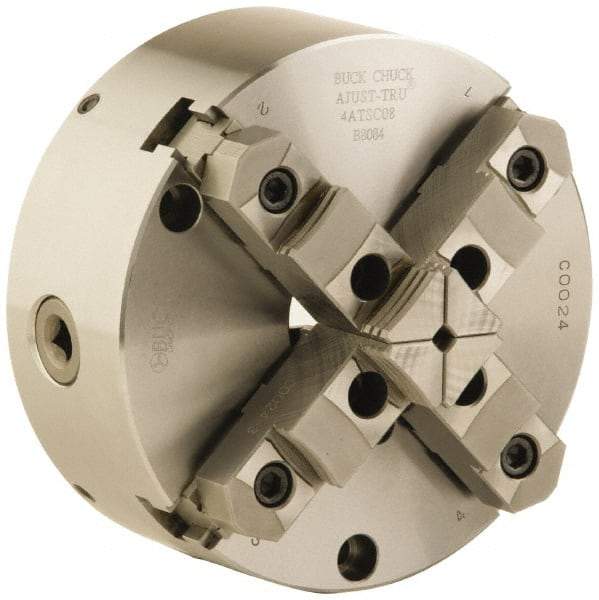 Buck Chuck Company - 4 Jaws, 6" Diam, Self Centering Manual Lathe Chuck - Front Mount, Adjustable, Reversible, 4,600 Max RPM, 1.78" Through Hole Diam, Forged Steel - Apex Tool & Supply