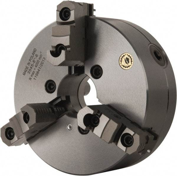 Bison - 3 Jaws, 8" Diam, Self Centering Manual Lathe Chuck - D1-6 Mount Spindle, Reversible, 4,000 Max RPM, 2.1653" Through Hole Diam, 0.001" Axial Runout, 0.0016" Radial Runout, Forged Steel - Apex Tool & Supply