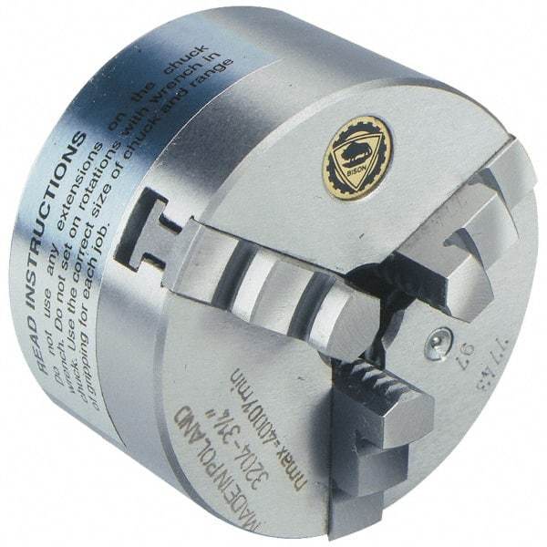 Bison - 3 Jaws, 6" Diam, Self Centering Manual Lathe Chuck - Plain Back Mount Spindle, 3,000 Max RPM, 1.6535" Through Hole Diam, 0.0008" Axial Runout, 0.0012" Radial Runout, Cast Iron - Apex Tool & Supply