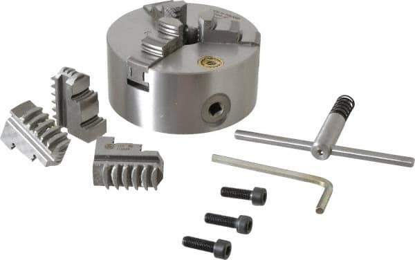 Bison - 3 Jaws, 5" Diam, Self Centering Manual Lathe Chuck - Plain Back Mount Spindle, 3,200 Max RPM, 1.2598" Through Hole Diam, 0.0008" Axial Runout, 0.0012" Radial Runout, Cast Iron - Apex Tool & Supply