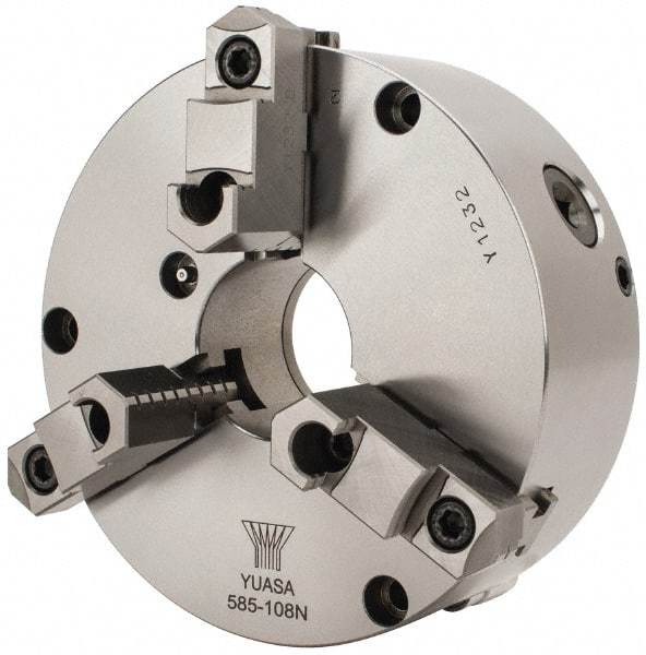 Yuasa - 3 Jaws, 8" Diam, Self Centering Manual Lathe Chuck - Plain Back Mount Spindle, Adjustable, Reversible, 2.4803" Through Hole Diam, 0.0005" Axial Runout, Cast Iron - Apex Tool & Supply
