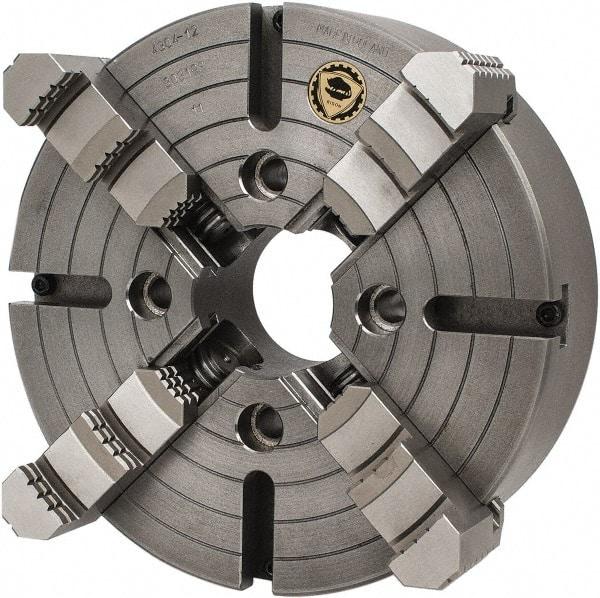 Bison - 4 Jaws, 12" Diam, Independent Manual Lathe Chuck - Plain Back Mount Spindle, Reversible, 1,200 Max RPM, 3.1496" Through Hole Diam, Cast Iron - Apex Tool & Supply
