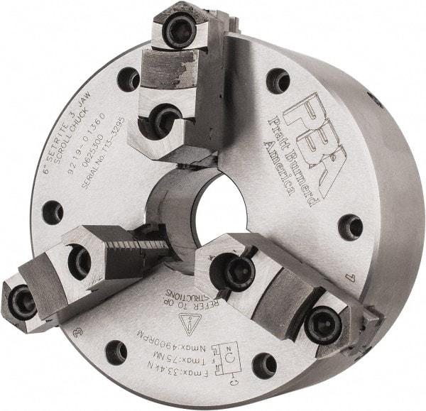 Pratt Burnerd America - 3 Jaws, 6" Diam, Self Centering Manual Lathe Chuck - Plain Back Mount Spindle, Adjustable, Reversible, 4,900 Max RPM, 1.81" Through Hole Diam, Forged Steel - Apex Tool & Supply