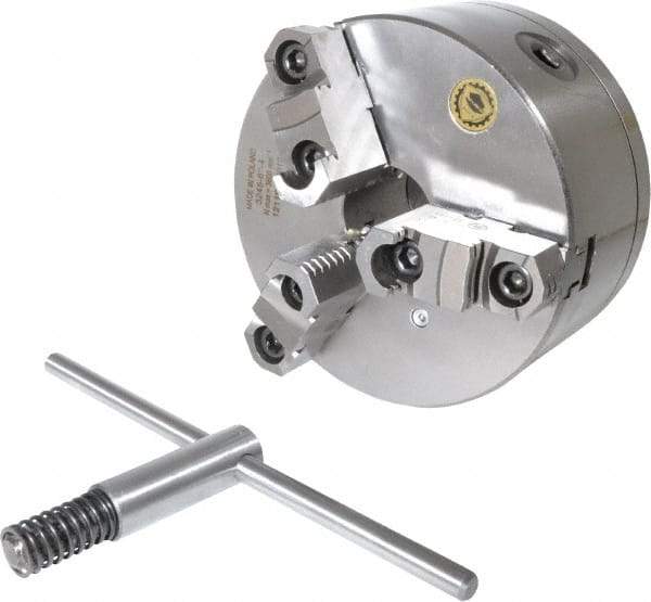 Bison - 3 Jaws, 6" Diam, Self Centering Manual Lathe Chuck - D1-4 Mount Spindle, Reversible, 3,000 Max RPM, 1.6535" Through Hole Diam, 0.0008" Axial Runout, 0.0012" Radial Runout, Cast Iron - Apex Tool & Supply