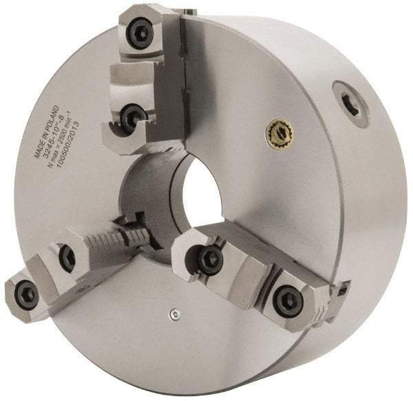 Bison - 3 Jaws, 10" Diam, Self Centering Manual Lathe Chuck - D1-8 Mount Spindle, Reversible, 2,000 Max RPM, 2.9921" Through Hole Diam, 0.001" Axial Runout, 0.0016" Radial Runout, Cast Iron - Apex Tool & Supply