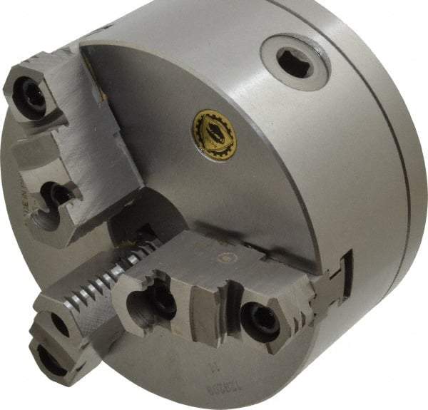Bison - 3 Jaws, 6" Diam, Self Centering Manual Lathe Chuck - L-00 Mount Spindle, Reversible, 3,000 Max RPM, 1.6535" Through Hole Diam, 0.0008" Axial Runout, 0.0012" Radial Runout, Cast Iron - Apex Tool & Supply