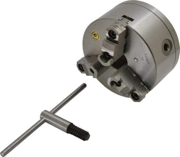 Bison - 3 Jaws, 6" Diam, Self Centering Manual Lathe Chuck - 1-1/2 - 8" Spindle Mount, Reversible, 3,000 Max RPM, 1.5748" Through Hole Diam, 0.0008" Axial Runout, 0.0012" Radial Runout, Cast Iron - Apex Tool & Supply