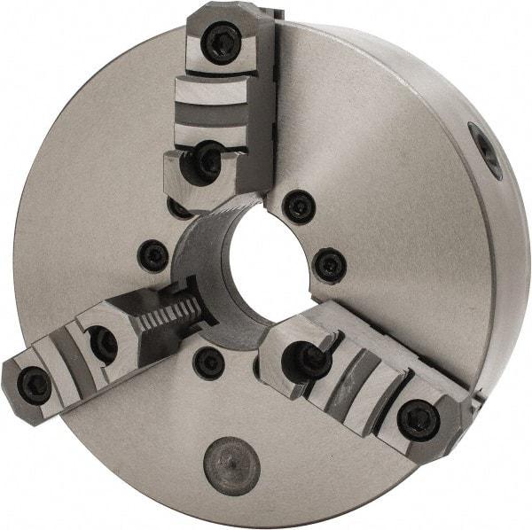 Interstate - 3 Jaws, 10" Diam, Self Centering Manual Lathe Chuck - D1-6 Mount Spindle, Reversible, 2.7559" Through Hole Diam, Cast Iron - Apex Tool & Supply