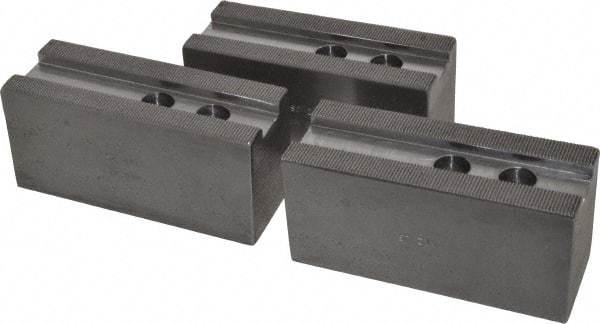 H & R Manufacturing - 12" Chuck Capacity, 1.5mm x 60° Serrated Attachment, Square Soft Lathe Chuck Jaw - 3 Jaws, Steel, 1.181" Btw Mount Hole Ctrs, 5-1/4" Long x 2" Wide x 2-1/2" High, 0.827" Groove, 5/8" & 16mm Fastener - Apex Tool & Supply