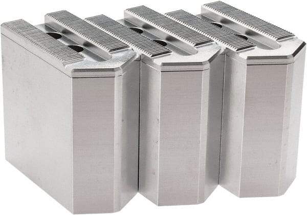 Masterman & Kovil - 6" Chuck Capacity, 1.5mm x 60° Serrated Attachment, Square Soft Lathe Chuck Jaw - 3 Jaws, Aluminum, 0.787" Btw Mount Hole Ctrs, 3mm Long x 1-1/2" Wide x 3" High, 0.473" Groove, 10mm Fastener - Apex Tool & Supply
