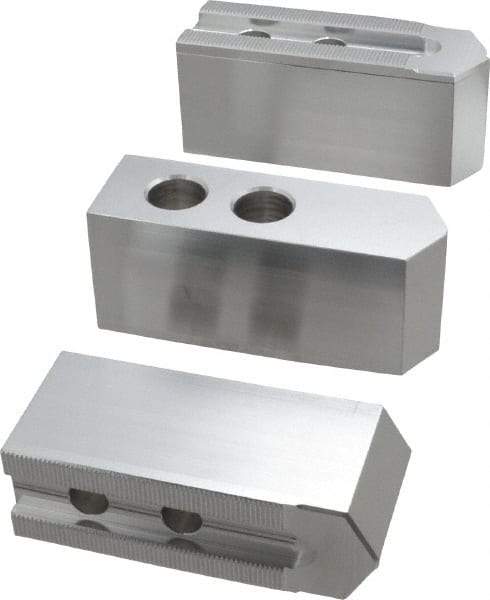 Masterman & Kovil - 10" Chuck Capacity, 1.5mm x 60° Serrated Attachment, Square Soft Lathe Chuck Jaw - 3 Jaws, Aluminum, 1.181" Btw Mount Hole Ctrs, 4.6mm Long x 1-1/2" Wide x 2" High, 0.63" Groove, 12mm Fastener - Apex Tool & Supply