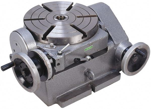Phase II - 299.97mm Table Diam, Horizontal Tilting Rotary Machining Table - 168.91mm Centerline Height, 1.6" Bore Diam, 4MT Center Taper, 13.97mm T-Slot Width, 90:1 Gear Ratio - Apex Tool & Supply