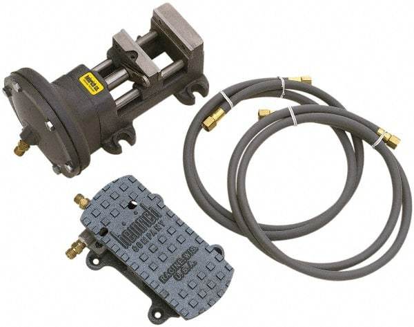 Heinrich - 4" Jaw Width, 4-5/8" Jaw Opening Capacity, Horizontal Stationary Machine Vise - Air Operation, 1 Station, 6-1/8" Long x 5-3/8" High x 1-5/16" Deep - Apex Tool & Supply