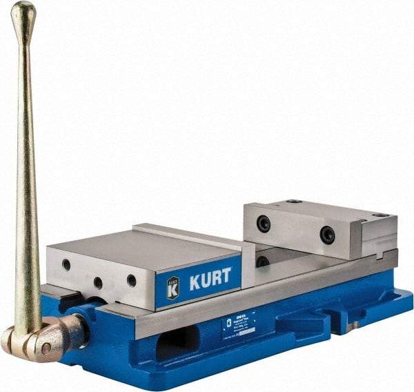 Kurt - 8" Jaw Width, 10" Jaw Opening Capacity, Horizontal Stationary Machine Vise - Manual Operation, 11,596 Lb Capacity, 1 Station, 24.185" Long x 5.51" High x 2-13/64" Deep, 2.2" Jaw Height, 80,000 psi Max Clamp Force, Ductile Iron - Apex Tool & Supply