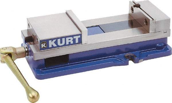 Kurt - 10" Jaw Width, 9-3/4" Jaw Opening Capacity, Horizontal Stationary Machine Vise - Manual Operation, 26,277 Lb Capacity, 1 Station, 29.19" Long x 6-13/16" High x 2-15/16" Deep, 2-1/2" Jaw Height, 80,000 psi Max Clamp Force, Ductile Iron - Apex Tool & Supply