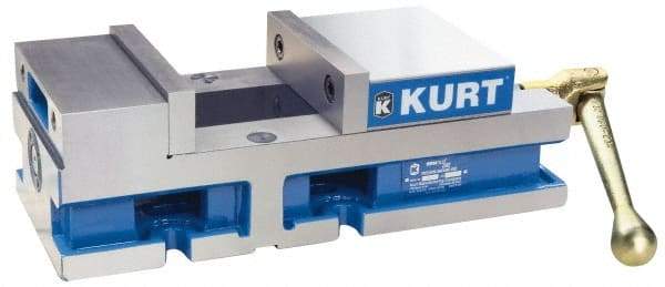 Kurt - 6" Jaw Width, 4" Jaw Opening Capacity, Horizontal Stationary Machine Vise - Manual Operation, 6,356 Lb Capacity, 1 Station, 14.88" Long x 4.6720" High x 1-31/64" Deep, 1.735" Jaw Height, 80 Lb Max Clamp Force - Apex Tool & Supply