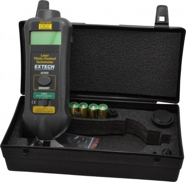 Extech - Accurate up to 0.05%, 0.1 (0.5 to 999.9) to 0.1 RPM Resolution, Contact Tachometer - 8-1/2 Inch Long x 2.5984 Inch Wide x 1-1/2 Inch Meter Thick, 0.5 (Contact) and 10 (Photo) to 19,999 (Contact) and 99,999 (Photo) RPM Measurement - Apex Tool & Supply