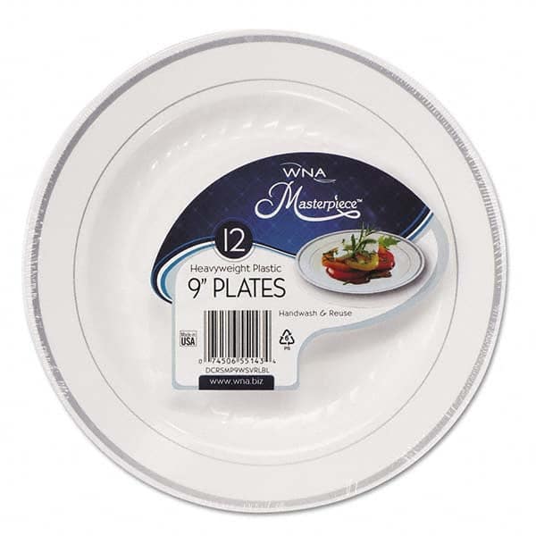 WNA - Masterpiece Plastic Plates, 9 in, White w/Silver Accents, Round, 120/Carton - Apex Tool & Supply