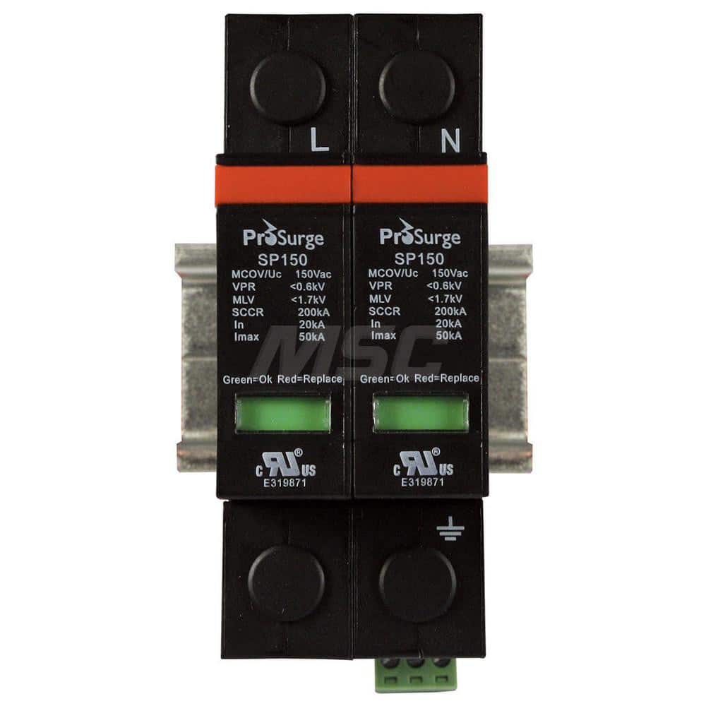 Hardwired Surge Protectors; Voltage: 240; Nominal Discharge Current (kA): 20.00; Maximum Continuing Operating Voltage: 320 VAC; Short Circuit Current (kA): 200; Surge Protection Capacity (kA): 50; Mounting Type: DIN Rail; Number of Wires: 3; Overall Lengt