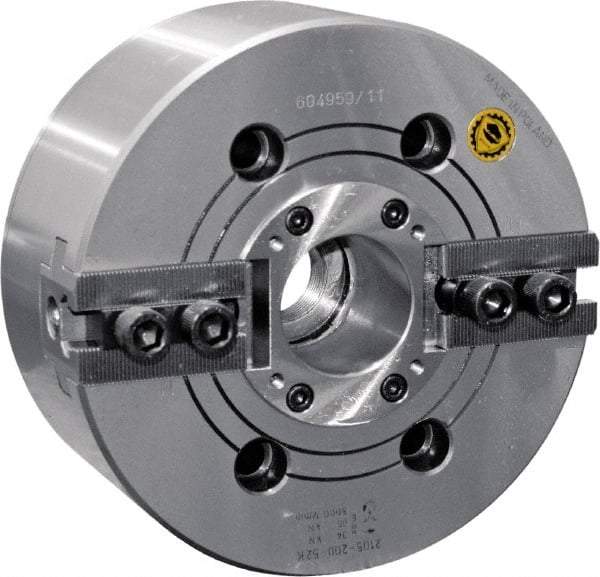 Bison - 2 Jaw, 5.31" Chuck Diam, Plain Back Mount, 34mm Through Hole Diam, Drawtube Hydraulic Power Lathe Chuck - 1.5mm x 60° Serrated Jaw Interface, 0.3149 to 5.3149" Jaw Capacity, 7,000 RPM, High Speed Steel Body - Apex Tool & Supply