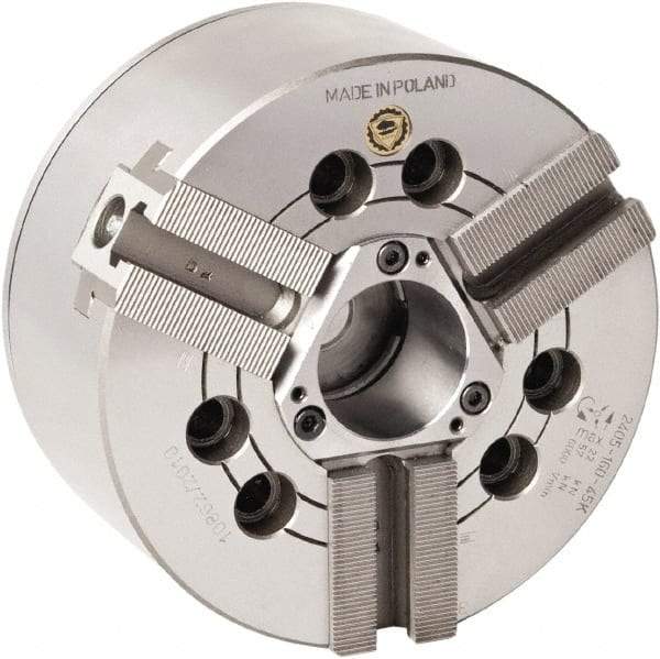 Bison - 3 Jaw, 12.4" Chuck Diam, Plain Back Mount, 91mm Through Hole Diam, Drawtube Hydraulic Power Lathe Chuck - 1.5mm x 60° Serrated Jaw Interface, 1.5748 to 11.9291" Jaw Capacity, 3,300 RPM, High Speed Steel Body - Apex Tool & Supply
