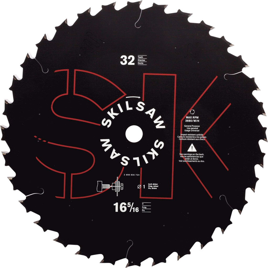 Skilsaw - 16-5/16" Diam, 1" Arbor Hole Diam, 32 Tooth Wet & Dry Cut Saw Blade - Carbide-Tipped, Cutoff Action, Standard Round Arbor - Apex Tool & Supply