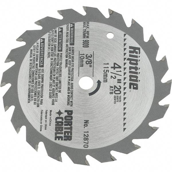 Porter-Cable - 4-1/2" Diam, 3/8" Arbor Hole Diam, 20 Tooth Wet & Dry Cut Saw Blade - Carbide-Tipped, Ripping Action, Standard Round Arbor - Apex Tool & Supply