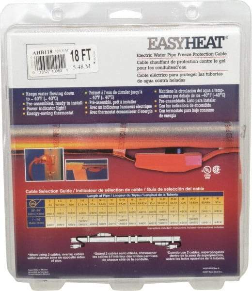 EasyHeat - 18' Long, Preassembled, Fixed Length, Fixed Wattage, Protection Heat Cable - 120 Input Volts, 126 Watts - Apex Tool & Supply