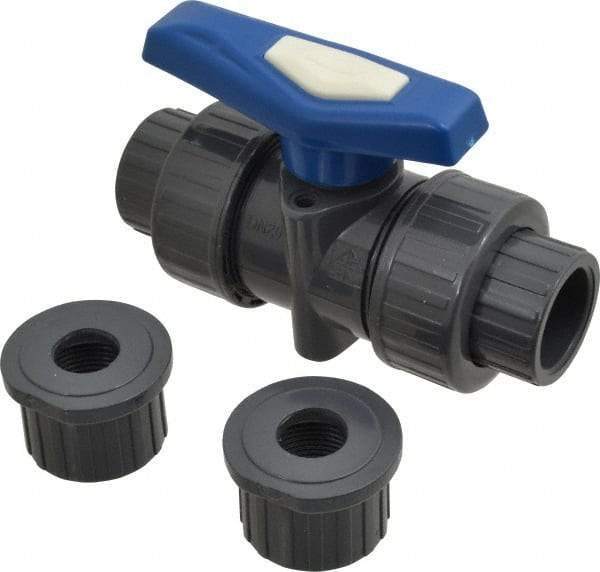 Simtech - 3/4" Pipe, Full Port, PVC True Union Design Ball Valve - Inline - Two Way Flow, FNPT x FNPT (with Socket Adapter) Ends, Tee Handle, 232 WOG - Apex Tool & Supply