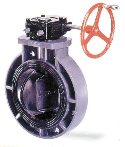 Simtech - 8" Pipe, Wafer Butterfly Valve - Gear Handle, PVC Body, Viton Seat, 150 WOG, Polypropylene Disc, Stainless Steel Stem - Apex Tool & Supply