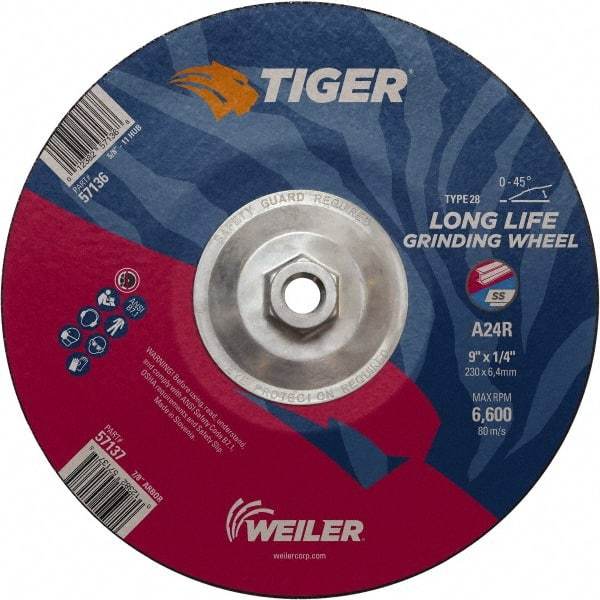 Weiler - 24 Grit, 9" Wheel Diam, Type 28 Depressed Center Wheel - Medium Grade, Aluminum Oxide, R Hardness, 6,600 Max RPM - Apex Tool & Supply