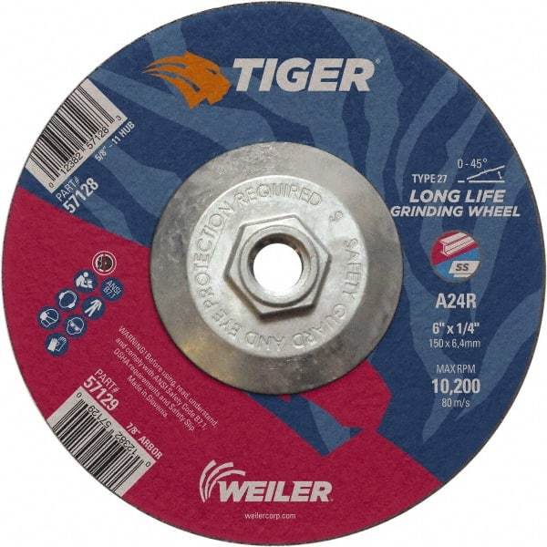 Weiler - 24 Grit, 6" Wheel Diam, Type 27 Depressed Center Wheel - Medium Grade, Aluminum Oxide, R Hardness, 10,200 Max RPM - Apex Tool & Supply