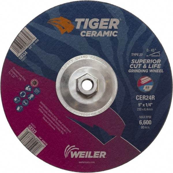 Weiler - 24 Grit, 9" Wheel Diam, Type 27 Depressed Center Wheel - Medium Grade, Ceramic, R Hardness, 6,600 Max RPM - Apex Tool & Supply