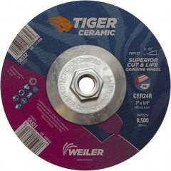 Weiler - 24 Grit, 7" Wheel Diam, Type 27 Depressed Center Wheel - Medium Grade, Ceramic, R Hardness, 8,500 Max RPM - Apex Tool & Supply