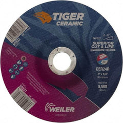 Weiler - 24 Grit, 7" Wheel Diam, 7/8" Arbor Hole, Type 27 Depressed Center Wheel - Medium Grade, Ceramic, R Hardness, 8,500 Max RPM - Apex Tool & Supply