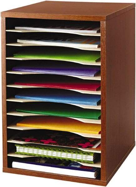 Safco - 10-3/4" Wide x 16" High x 12" Deep Fiberboard, Hardboard & Laminated Compressed Wood Document Organizer - 11 Compartments, Cherry, 9-1/2" Wide x 1-1/4" High x 11-5/8" Deep Compartment - Apex Tool & Supply