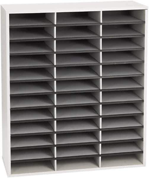 FELLOWES - 29" Wide x 11-7/8" Deep x 34-11/16" High, 36 Compartments, Corrugated Fiberboard & Laminated Literature Organizer - Dove Gray, 9" Compartment Width x 2-1/2" Compartment Depth x 11" Compartment Height - Apex Tool & Supply