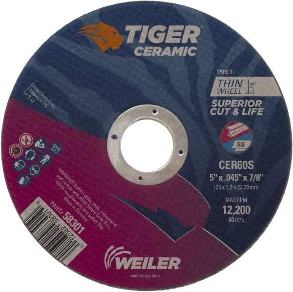 Weiler - 5" 60 Grit Ceramic Cutoff Wheel - 0.045" Thick, 7/8" Arbor, 12,200 Max RPM, Use with Angle Grinders - Apex Tool & Supply