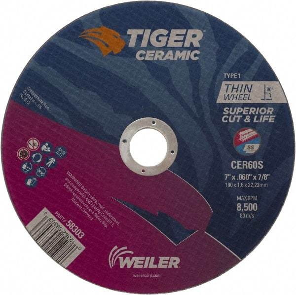 Weiler - 7" 60 Grit Ceramic Cutoff Wheel - 0.06" Thick, 7/8" Arbor, 8,500 Max RPM, Use with Angle Grinders - Apex Tool & Supply