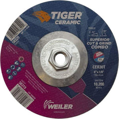Weiler - 30 Grit, 6" Wheel Diam, Type 27 Depressed Center Wheel - Hard Grade, Ceramic, T Hardness, 10,200 Max RPM - Apex Tool & Supply