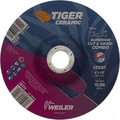 Weiler - 30 Grit, 6" Wheel Diam, 7/8" Arbor Hole, Type 27 Depressed Center Wheel - Hard Grade, Ceramic, T Hardness, 10,200 Max RPM - Apex Tool & Supply