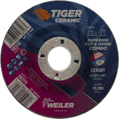Weiler - 30 Grit, 4-1/2" Wheel Diam, 7/8" Arbor Hole, Type 27 Depressed Center Wheel - Hard Grade, Ceramic, T Hardness, 13,300 Max RPM - Apex Tool & Supply