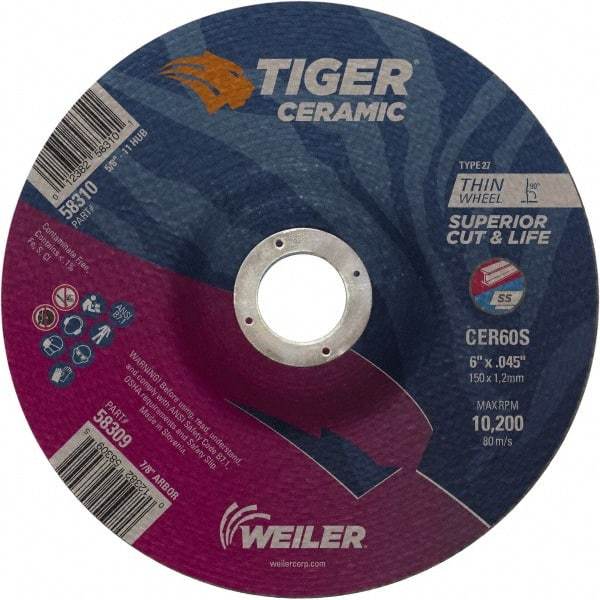 Weiler - 60 Grit, 6" Wheel Diam, 7/8" Arbor Hole, Type 27 Depressed Center Wheel - Medium Grade, Ceramic, S Hardness, 10,200 Max RPM - Apex Tool & Supply